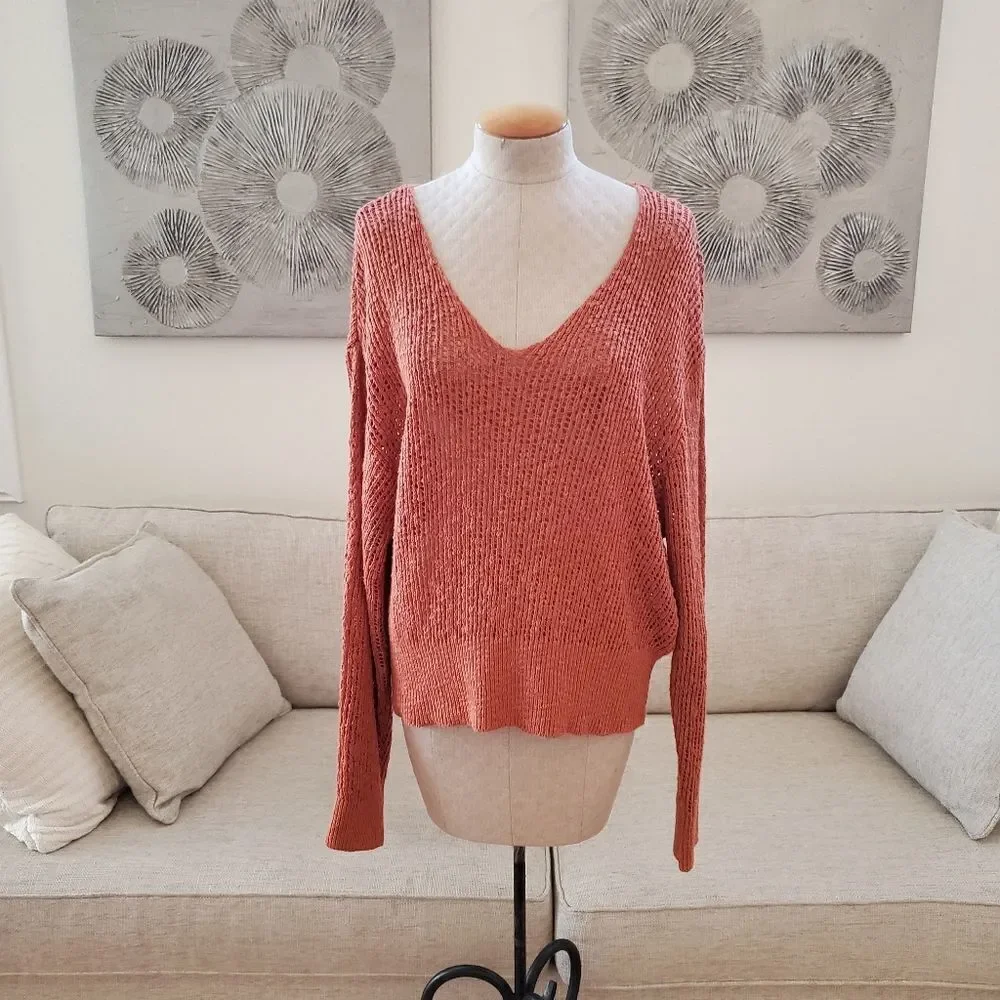 Billabong 'Feel the Breeze' Open Knit Crochet Sweater: size Large in Orange - Picture 4 of 12